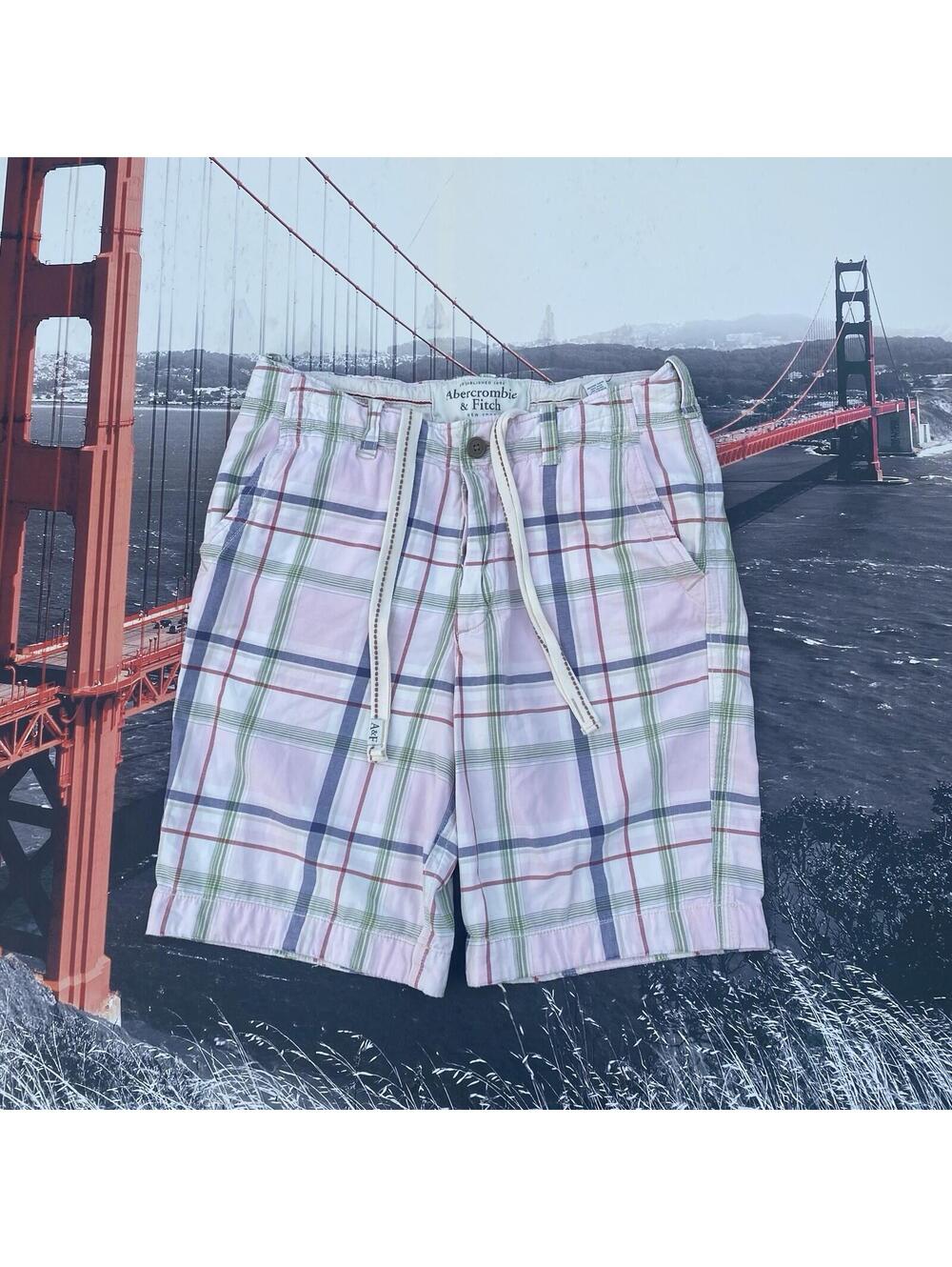 Vintage Y2K Abercrombie & Fitch Shorts Men 32 Blue Beige Plaid Baggy Button Fly